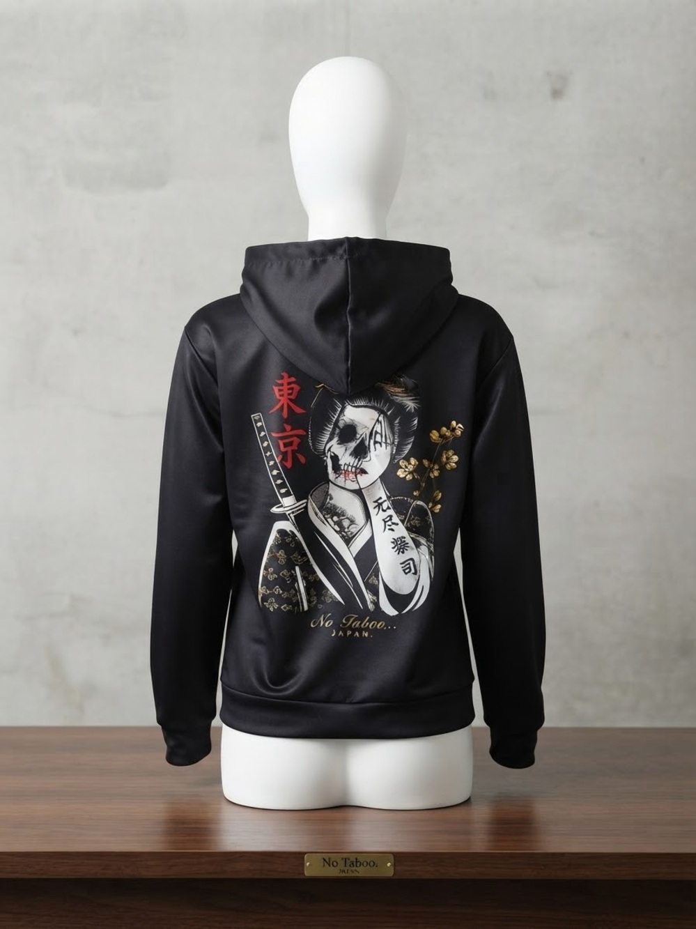Japanese Streetwear "No Taboo... JAPAN." Skull Geisha Graphic Hoodie - Black